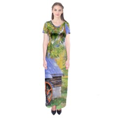 Landscape Blue Shed Scenery Wood Short Sleeve Maxi Dress