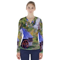 Landscape Blue Shed Scenery Wood V-neck Long Sleeve Top by BangZart