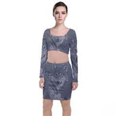 Wolf Forest Animals Long Sleeve Crop Top & Bodycon Skirt Set