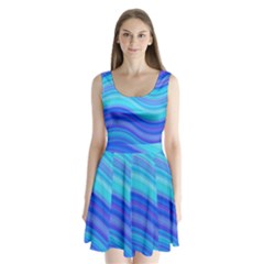 Blue Background Water Design Wave Split Back Mini Dress 