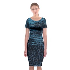 Blue Black Shiny Fabric Pattern Classic Short Sleeve Midi Dress