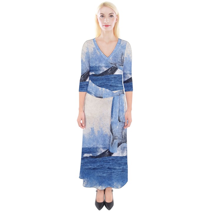 Whale Watercolor Sea Quarter Sleeve Wrap Maxi Dress