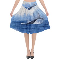 Whale Watercolor Sea Flared Midi Skirt