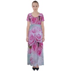 pink roses High Waist Short Sleeve Maxi Dress