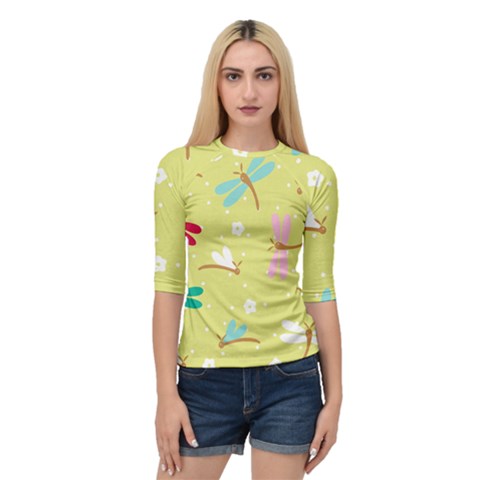 Colorful Dragonflies And White Flowers Pattern Quarter Sleeve Raglan Tee by Bigfootshirtshop