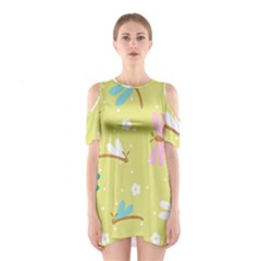 Colorful Dragonflies And White Flowers Pattern Shoulder Cutout One Piece by Bigfootshirtshop