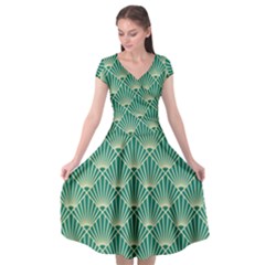 green fan  Cap Sleeve Wrap Front Dress