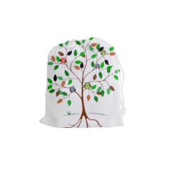 Tree Root Leaves Owls Green Brown Drawstring Pouches (medium)  by Celenk