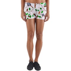 Tree Root Leaves Owls Green Brown Yoga Shorts by Celenk
