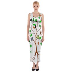 Tree Root Leaves Owls Green Brown Fitted Maxi Dress by Celenk