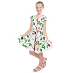 Tree Root Leaves Owls Green Brown Kids  Short Sleeve Dress by Celenk