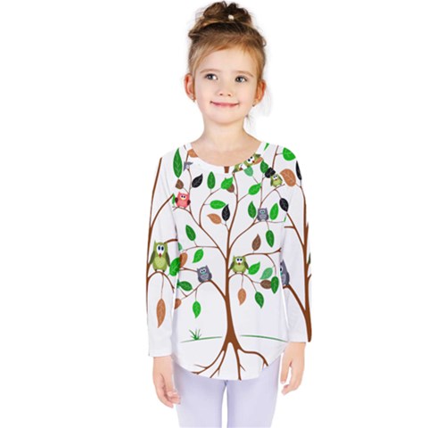 Tree Root Leaves Owls Green Brown Kids  Long Sleeve Tee by Celenk