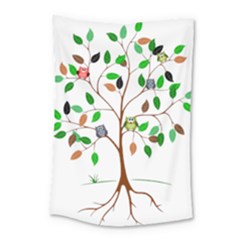 Tree Root Leaves Owls Green Brown Small Tapestry by Celenk