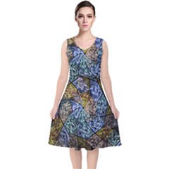 Multi Color Tile Twirl Octagon V-neck Midi Sleeveless Dress  by Celenk