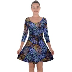 Multi Color Tile Twirl Octagon Quarter Sleeve Skater Dress by Celenk