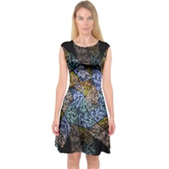 Multi Color Tile Twirl Octagon Capsleeve Midi Dress by Celenk