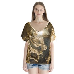 Gold Sea Coast Waves Depier V-neck Flutter Sleeve Top by Celenk