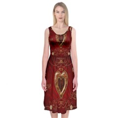 Wonderful Hearts With Floral Elemetns, Gold, Red Midi Sleeveless Dress by FantasyWorld7