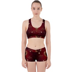 Wonderful Hearts With Floral Elemetns, Gold, Red Work It Out Sports Bra Set by FantasyWorld7