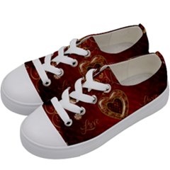 Wonderful Hearts With Floral Elemetns, Gold, Red Kids  Low Top Canvas Sneakers by FantasyWorld7
