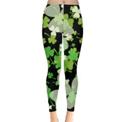 Black Dreamy White Field Clovers Leggings  by PattyVilleDesigns