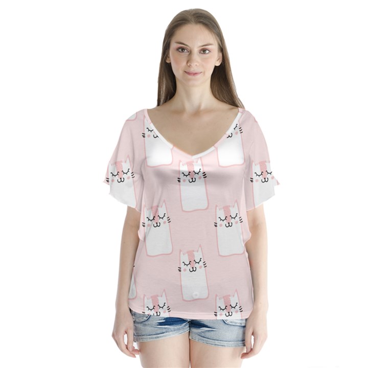 Pattern Cat Pink Cute Sweet Fur V-Neck Flutter Sleeve Top