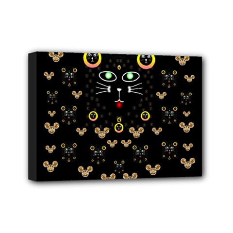 Merry Black Cat In The Night And A Mouse Involved Pop Art Mini Canvas 7  X 5  by pepitasart