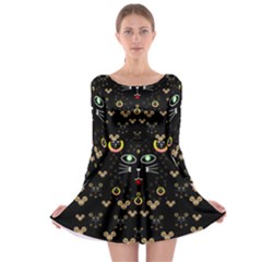 Merry Black Cat In The Night And A Mouse Involved Pop Art Long Sleeve Skater Dress by pepitasart