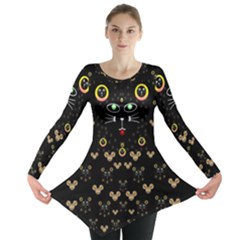 Merry Black Cat In The Night And A Mouse Involved Pop Art Long Sleeve Tunic  by pepitasart