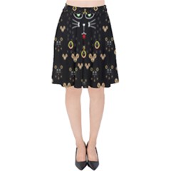 Merry Black Cat In The Night And A Mouse Involved Pop Art Velvet High Waist Skirt by pepitasart