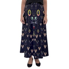 Merry Black Cat In The Night And A Mouse Involved Pop Art Flared Maxi Skirt by pepitasart