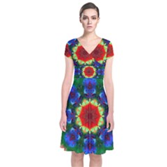 Fractal Digital Mandala Floral Short Sleeve Front Wrap Dress by Celenk