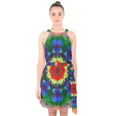 Fractal Digital Mandala Floral Halter Collar Waist Tie Chiffon Dress by Celenk