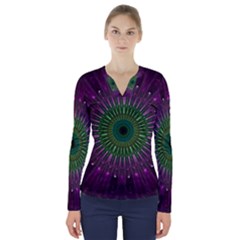 Purple Mandala Fractal Glass V-Neck Long Sleeve Top