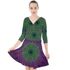 Purple Mandala Fractal Glass Quarter Sleeve Front Wrap Dress	