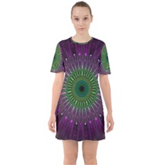 Purple Mandala Fractal Glass Sixties Short Sleeve Mini Dress