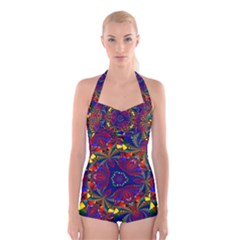 Kaleidoscope Pattern Ornament Boyleg Halter Swimsuit 