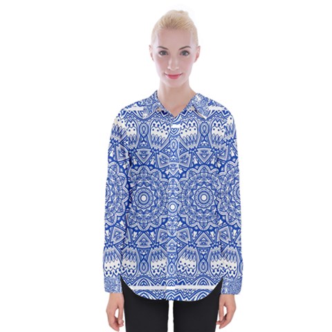 Blue Mandala Kaleidoscope Womens Long Sleeve Shirt by Celenk