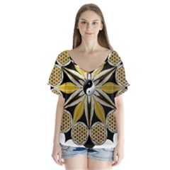 Mandala Yin Yang Live Flower V-neck Flutter Sleeve Top by Celenk