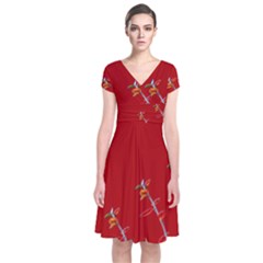 Red Background Paper Plants Short Sleeve Front Wrap Dress by Celenk