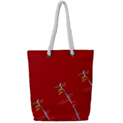 Red Background Paper Plants Full Print Rope Handle Tote (small)