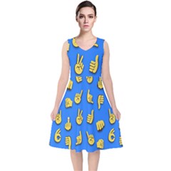 Emojis Hands Fingers Background V-neck Midi Sleeveless Dress  by Celenk