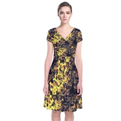 The Background Wallpaper Gold Short Sleeve Front Wrap Dress by Celenk