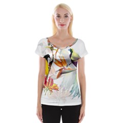 Exotic Birds Of Paradise And Flowers Watercolor Cap Sleeve Tops by TKKdesignsCo