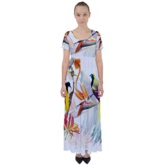 Exotic Birds Of Paradise And Flowers Watercolor High Waist Short Sleeve Maxi Dress by TKKdesignsCo