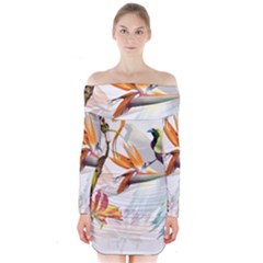 Exotic Birds Of Paradise And Flowers Watercolor Long Sleeve Off Shoulder Dress by TKKdesignsCo