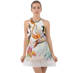 Exotic Birds Of Paradise And Flowers Watercolor Halter Tie Back Chiffon Dress