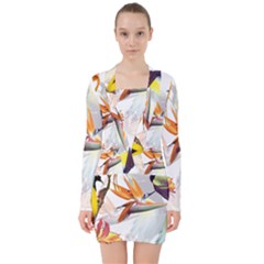 Exotic Birds Of Paradise And Flowers Watercolor V-neck Bodycon Long Sleeve Dress by TKKdesignsCo