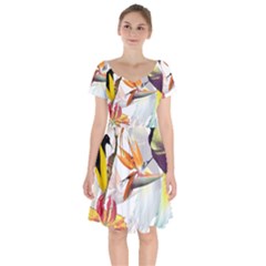 Exotic Birds Of Paradise And Flowers Watercolor Short Sleeve Bardot Dress by TKKdesignsCo