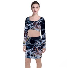 Abstract Flow River Black Long Sleeve Crop Top & Bodycon Skirt Set by Celenk